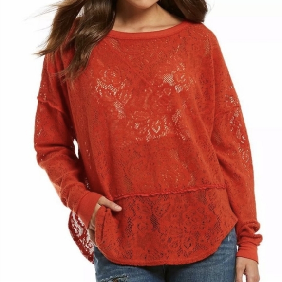 Free People, Won't get cold in this, orange lace, L - Picture 2 of 4